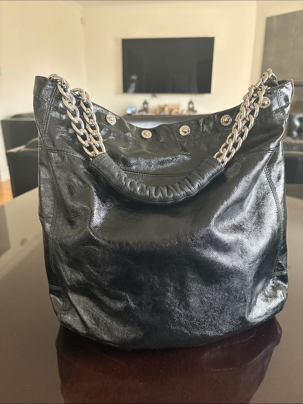 FURLA hobo, black patent leather bag.